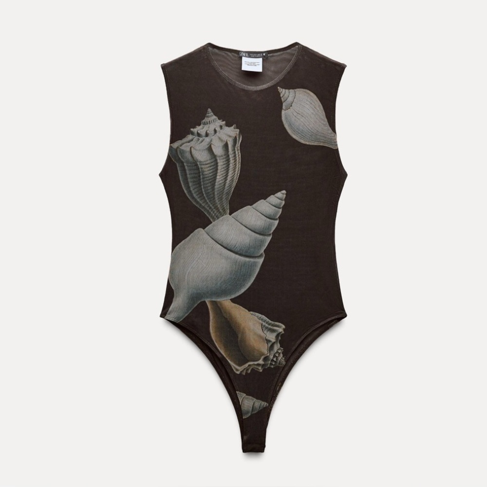 Zara Brown Shell Print Sleeveless Bodysuit